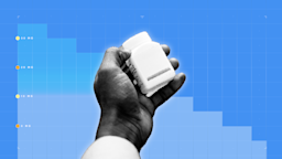 In the center of a blue background with graph paper texture and representational step graph is a black and white cutout of a hand holding a square pill bottle. 
GoodRx Health