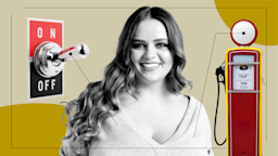 A custom graphic features a portrait of a smiling woman and items representing the effects of Wegovy: an on-off switch and a vintage gas pump.
GoodRx Health