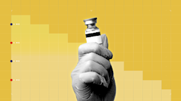 Yellow background with graph paper texture and representational step graph. In the center is a black-and-white cutout of a hand, in a latex glove, holding a medication vial. 
GoodRx Health