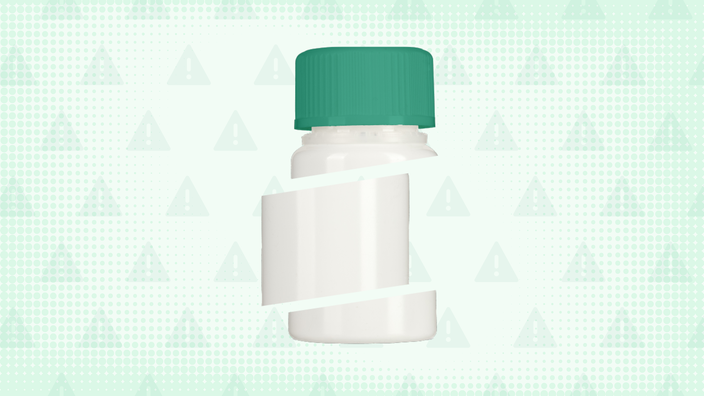 Green-ish teal background with texture and warning sign pattern. In the center is a white pill bottle with a teal cap cut into thirds.
