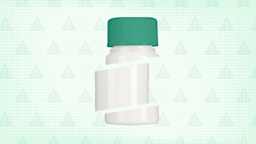 Green-ish teal background with texture and warning sign pattern. In the center is a white pill bottle with a teal cap cut into thirds.
GoodRx Health 
