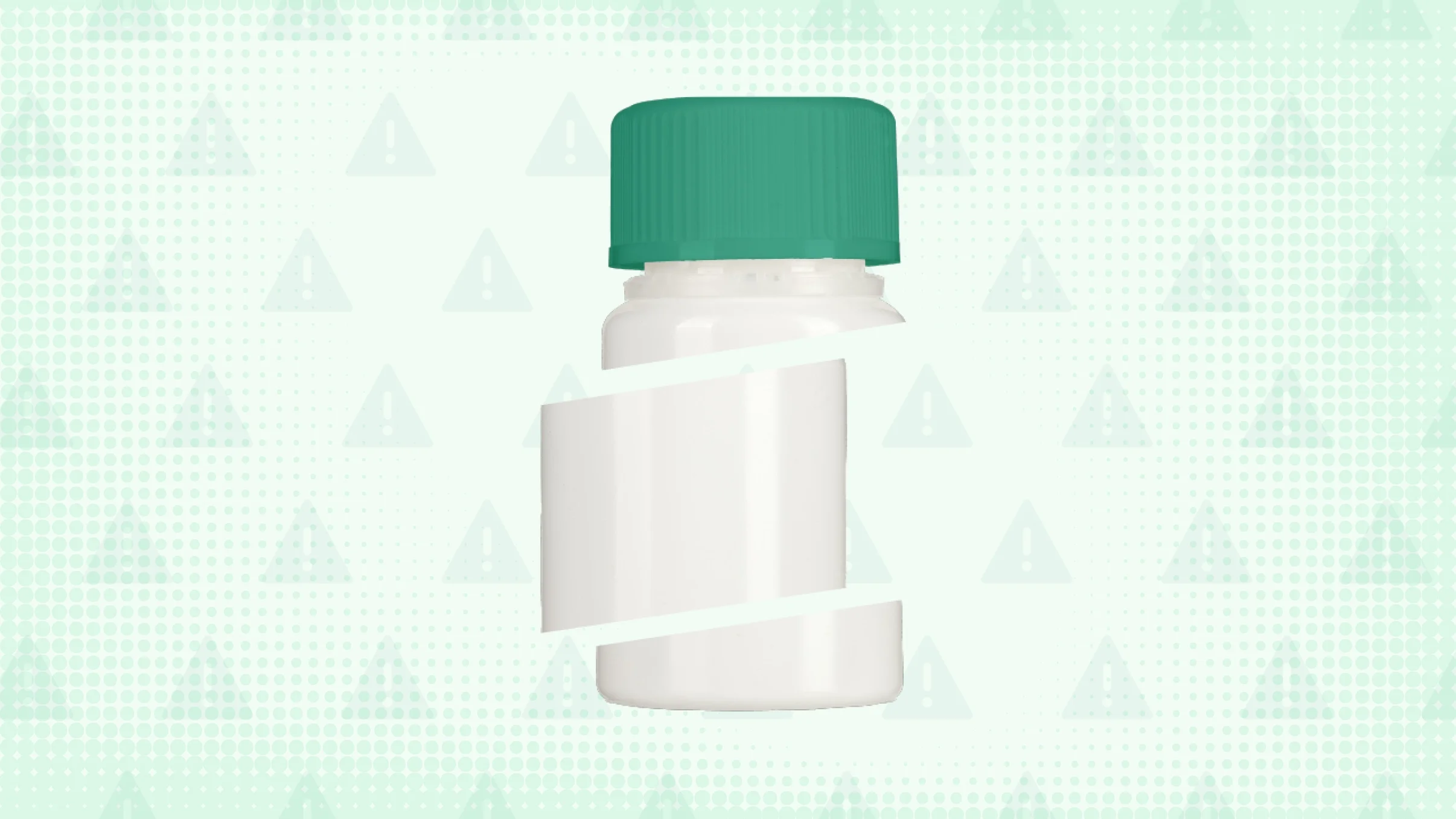 Green-ish teal background with texture and warning sign pattern. In the center is a white pill bottle with a teal cap cut into thirds.