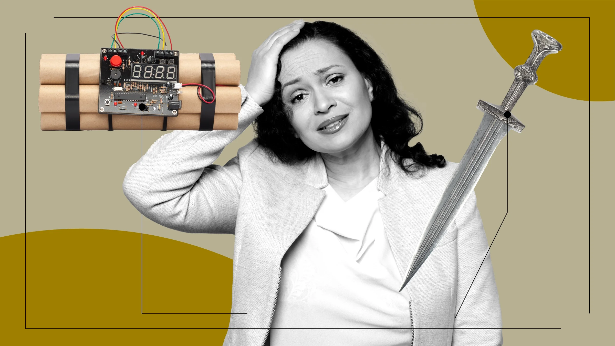 Tan background with black-and-white cutout portrait of a woman putting her hand on her head with a pained facial expression. Off of her are diagram lines pointing to objects representing the sciatica pain people have felt. On the left is a fake mechanical bomb. On the right is a fancy knife.