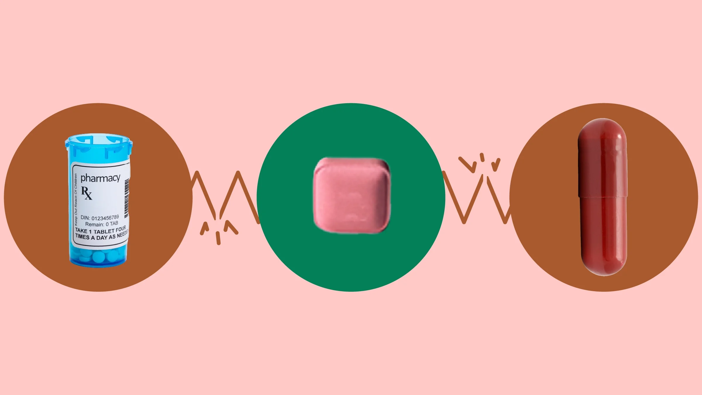 A graphic on Pristiq interactions has two different pills and a medicine bottle highlighted by green and red circles. 