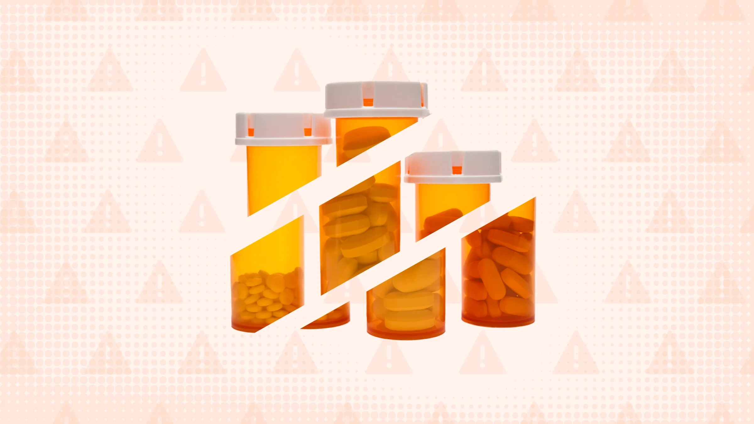 Light-orange background with texture and warning sign pattern. In the center are three orange prescription bottles, holding different-shaped pills, cut into thirds. 