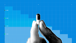 A custom graphic includes a blue graph-paper background and a cutout of a person holding a capsule between two fingers. 
GoodRx Health
