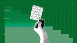 In the center of a green background with graph paper texture and representational step graph is a black and white cutout image of a hand holding a blister pack of small round pills. 
GoodRx Health