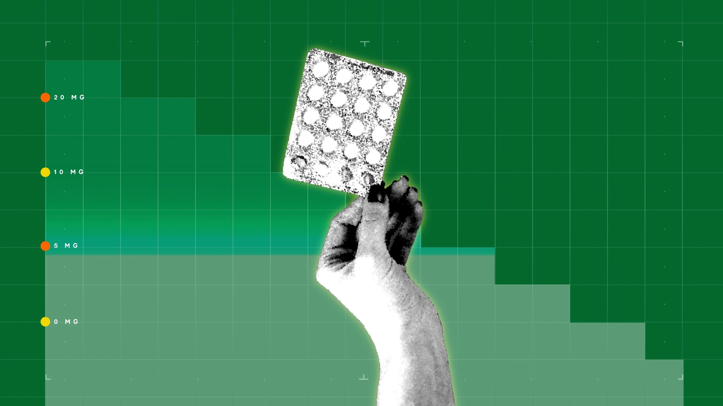 In the center of a green background with graph paper texture and representational step graph is a black and white cutout image of a hand holding a blister pack of small round pills. 