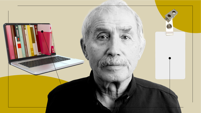 Graphic representing how it feels to be blind. The background is  light tan with yellow circles in the upper right corner and lower left corner. In the center is a black-and-white portrait of an older man. Off of him are diagram lines pointing to objects representing resources and vocational training needed for blind people.