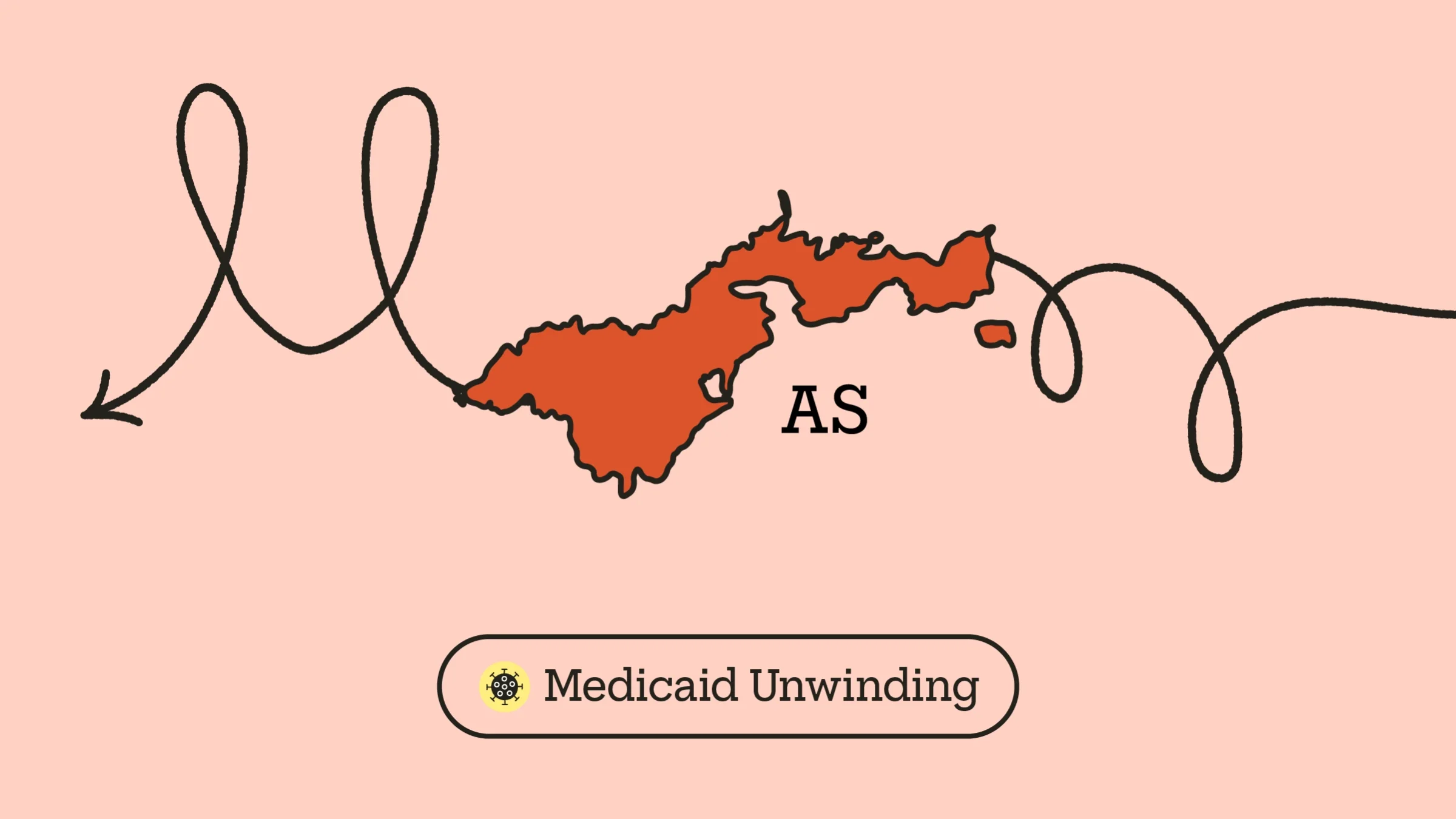 A graphic includes an outline of American Samoa with a doodle arrow going through it and “Medicaid Unwinding” typed underneath, next to a COVID icon.