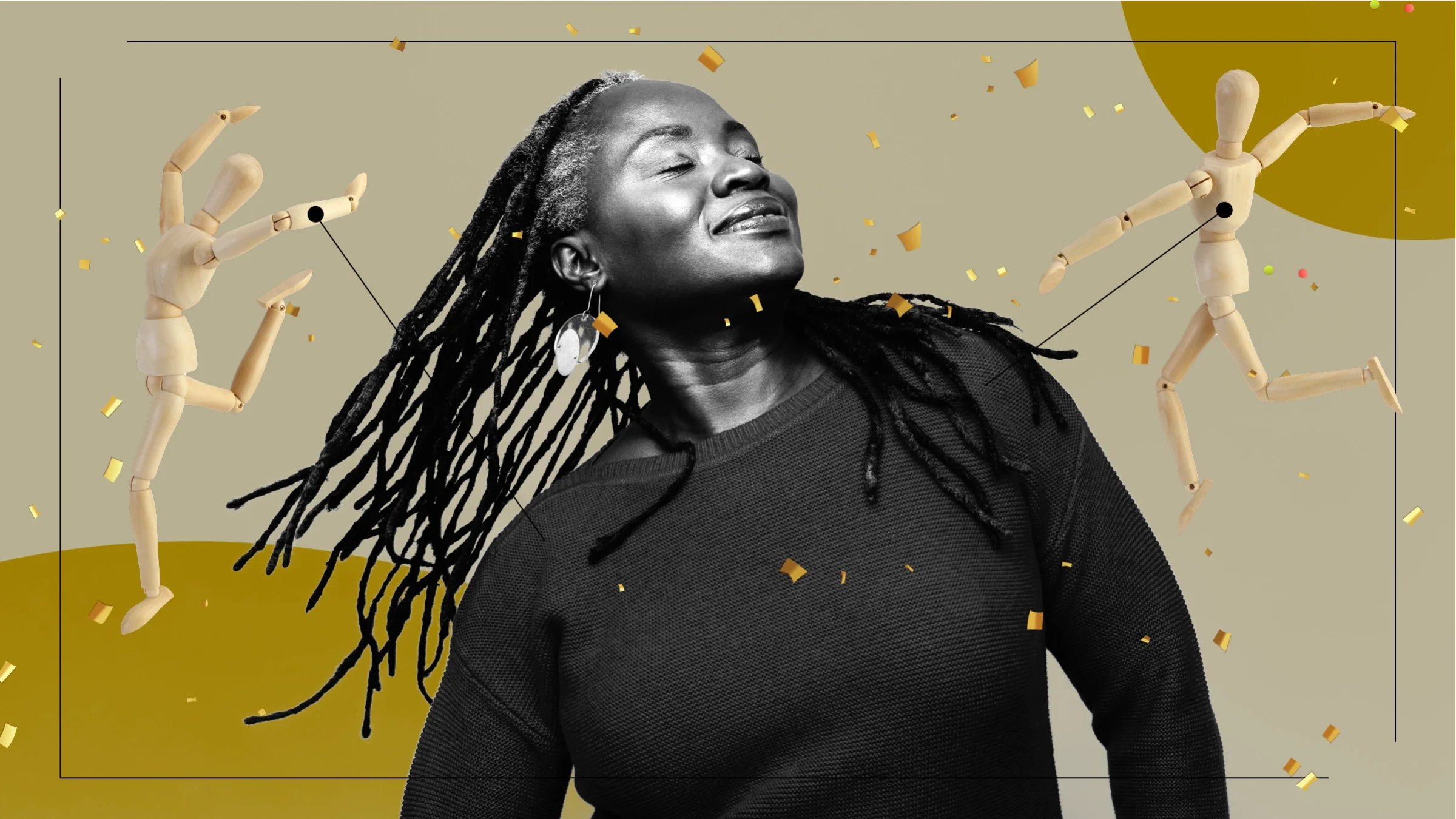 A graphic about managing Parkinson’s symptoms shows a woman surrounded by confetti and dancing wooden dolls. 