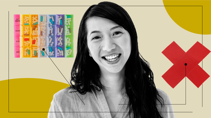 Tan background with yellow circles in the top right and bottom left corners. There is a black-and-white portrait of a smiling woman in the center. Off of her there are diagram lines pointing to items representing how it feels to take Lipitor. The items are a weekly pill organizer and a duct tape red “X” to show no change to daily routines.