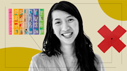 Tan background with yellow circles in the top right and bottom left corners. There is a black-and-white portrait of a smiling woman in the center. Off of her there are diagram lines pointing to items representing how it feels to take Lipitor. The items are a weekly pill organizer and a duct tape red “X” to show no change to daily routines.
GoodRx Health