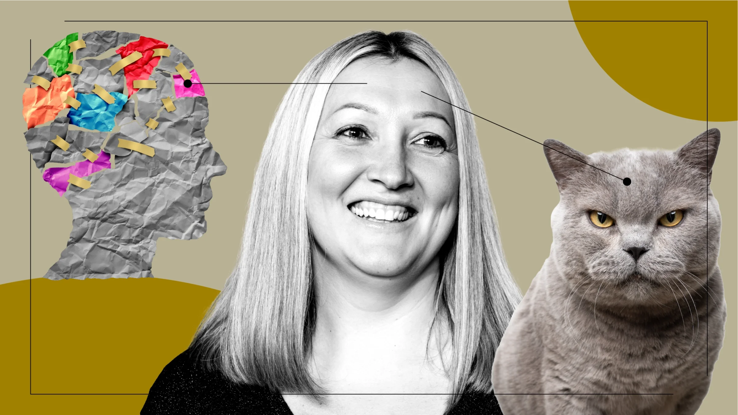 Tan background with black-and-white portrait of a blonde woman smiling in the center. Off of her are diagram lines pointing to objects representing the feelings of taking Qsymia. On the left is a paper cutout taped together of the parts of the brain. On the right is an angry gray cat. 