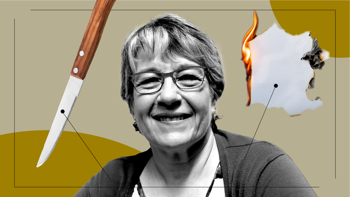 A graphic about appendicitis includes a photo of a woman, a burning piece of paper, and a knife. 