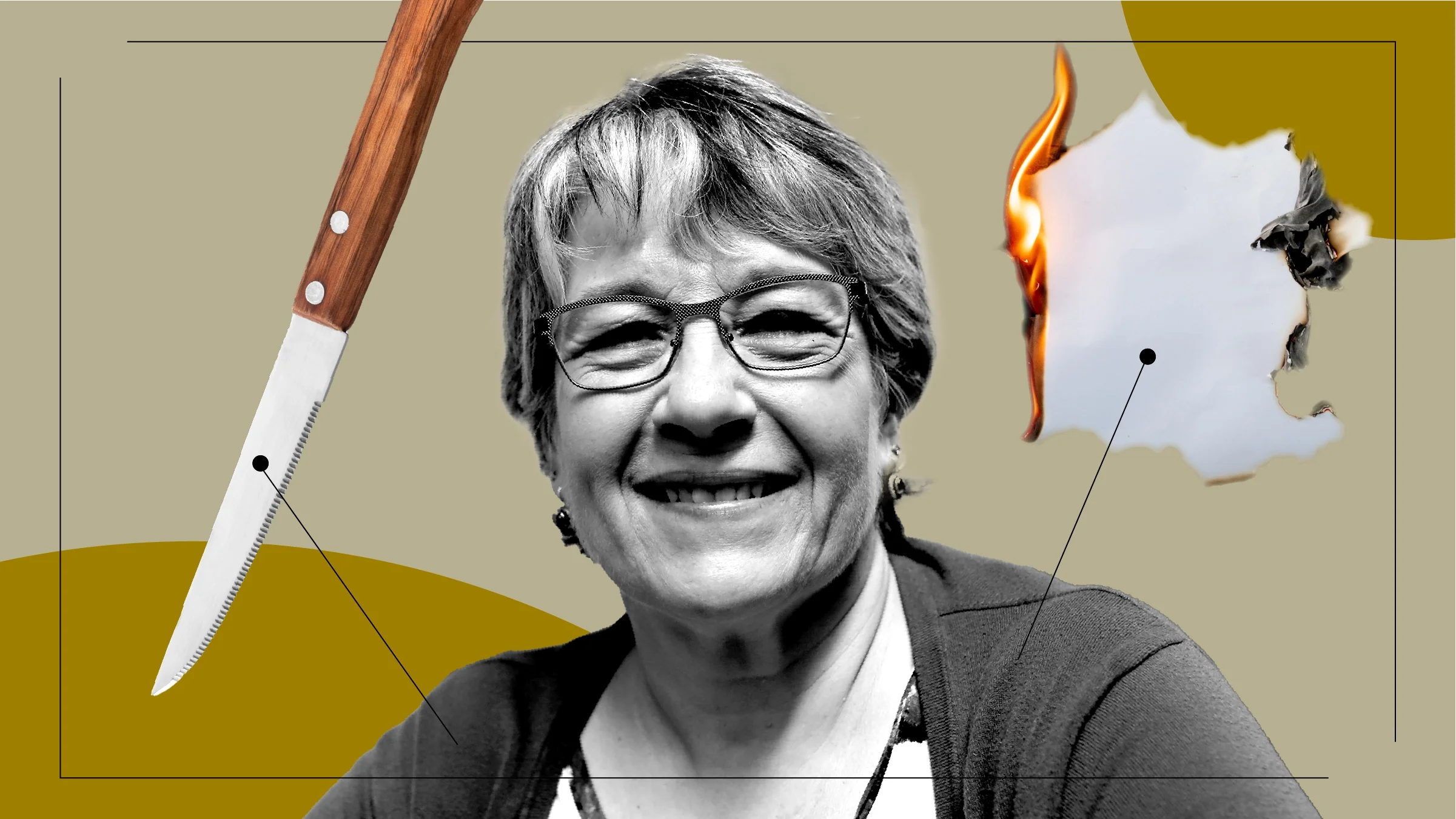A graphic about appendicitis includes a photo of a woman, a burning piece of paper, and a knife. 