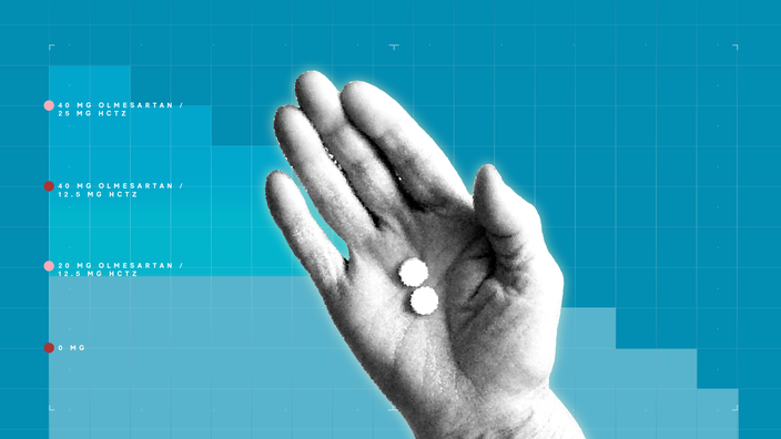 Light blue background with graph paper texture and representational step graph. In the center is a black-and-white cutout of a hand holding two round pills.  