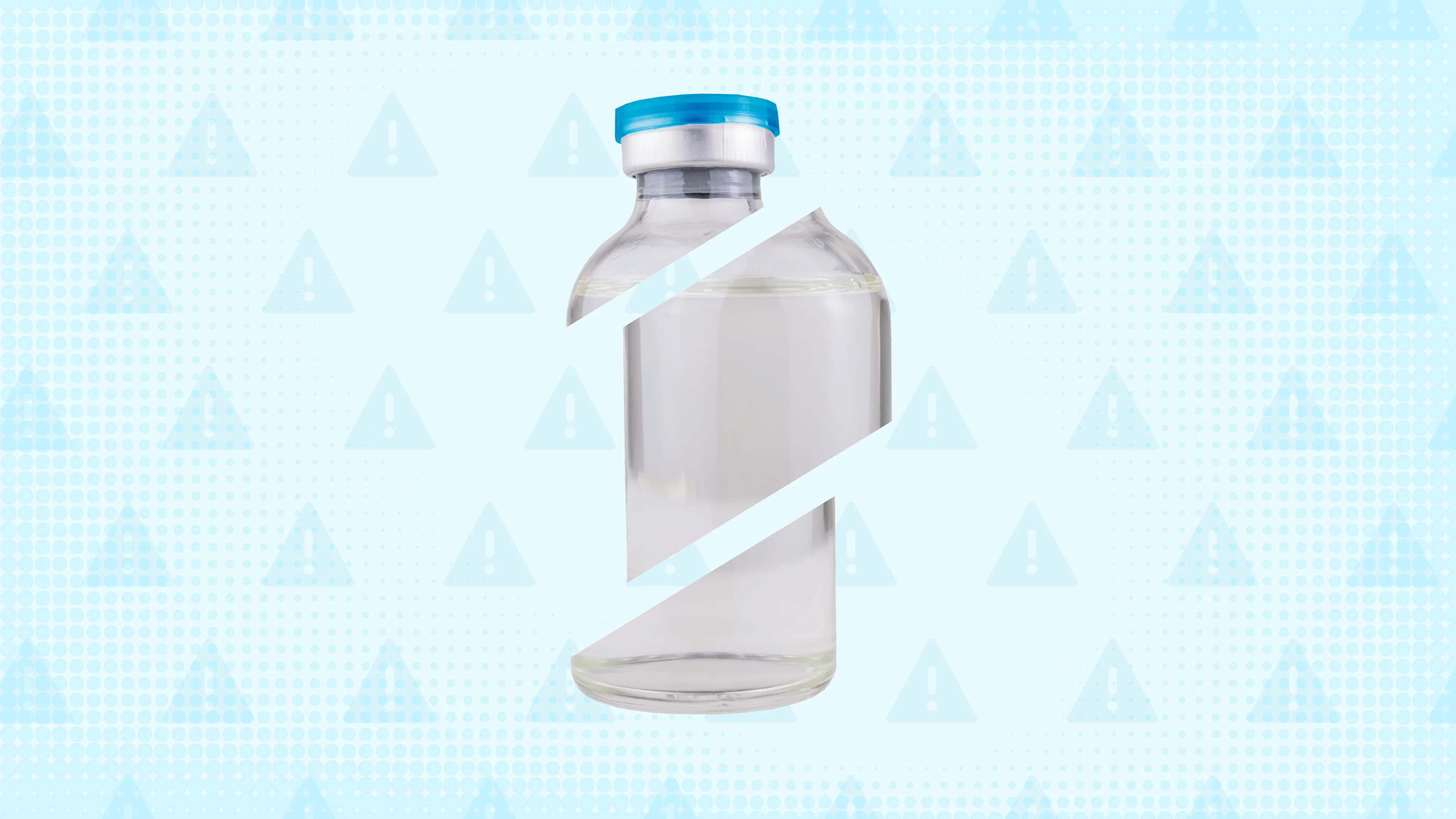 Light-blue background with texture and warning sign pattern. In the center is a medication vial, cut into thirds, with a blue top. 