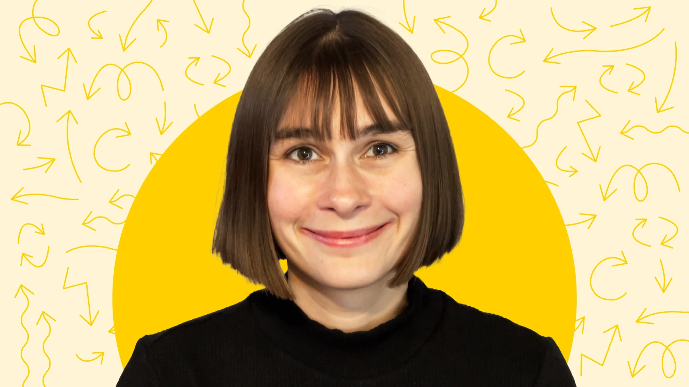 A custom graphic highlighting the author, Angela Haupt. Her portrait is on top of a yellow circular background overlaid on a pattern of light-yellow winding arrows.