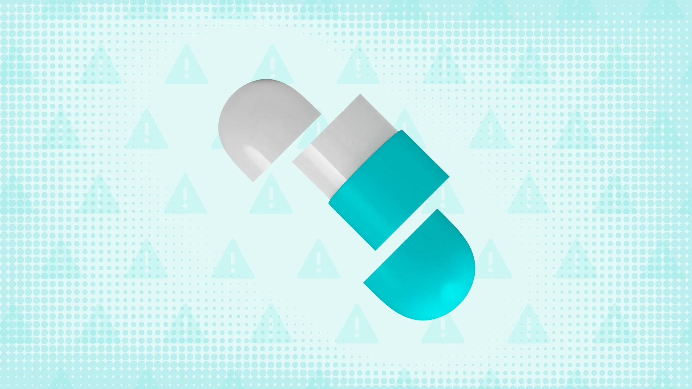 In the center of a light teal background with warning sign pattern and texture is a white and teal capsule pill cut into thirds. 
GoodRx Health