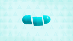 Teal background with texture and warning sign pattern. In the center is a teal capsule pill cut into thirds. 
GoodRx Health 