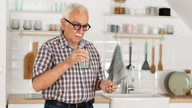 High-cholesterol: man taking medication in kitchen 1427376312