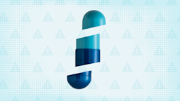 Light teal background with halftone texture and warning sign pattern. In the center is a blue and teal capsule cut into thirds.
GoodRx Health
