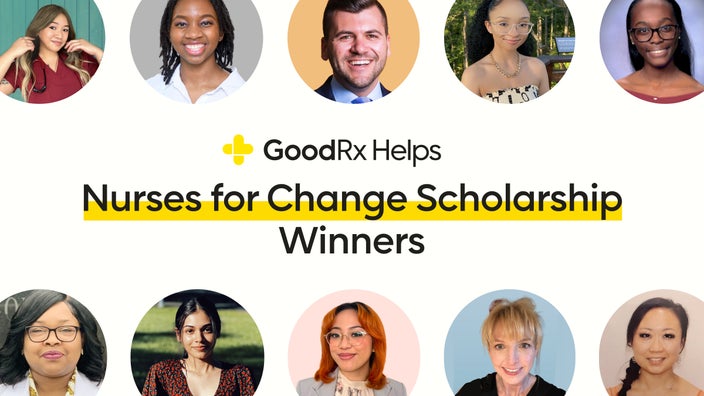 A banner that says "GoodRx Helps Nurses for Change Scholarship Winners" with headshots of the recipients.