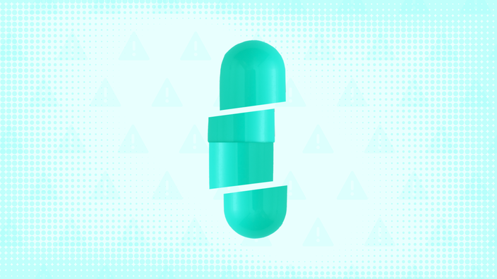 A photo of a teal capsule pill is cut into thirds. 