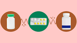 Light red background with three circles across the middle of the frame. In the center, on a green circle, is a blister pack of yellow pills. On the left, on a red circle, is a white pill bottle with a teal top. On the right, on a red circle, is a white pill bottle with a dark blue and white label.
GoodRx Health