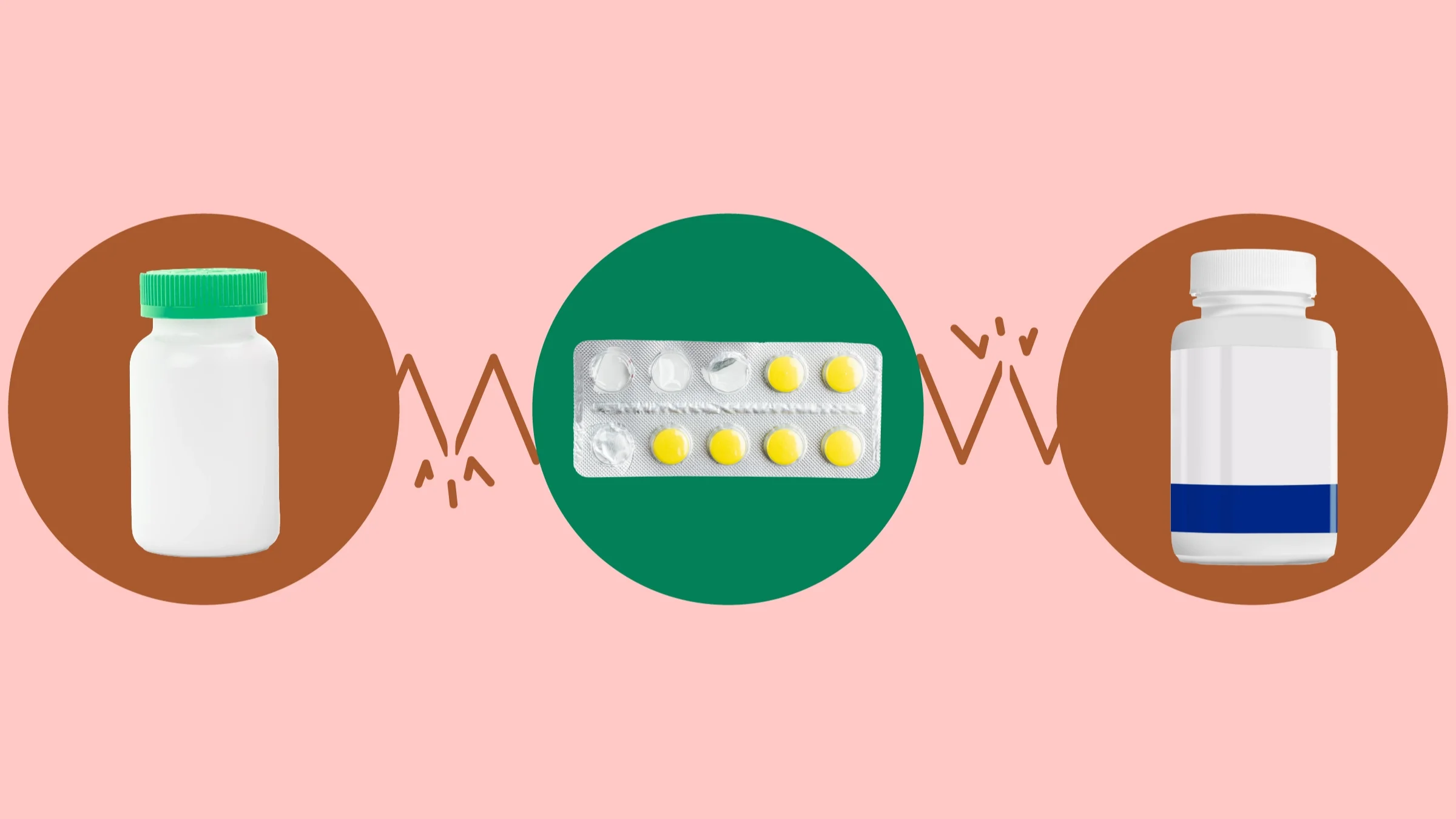 Light red background with three circles across the middle of the frame. In the center, on a green circle, is a blister pack of yellow pills. On the left, on a red circle, is a white pill bottle with a teal top. On the right, on a red circle, is a white pill bottle with a dark blue and white label.