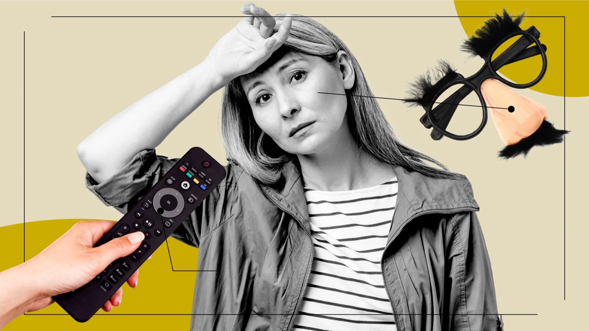 There is a black-and-white photo of a woman looking concerned with her hand on her head in the middle. Diagram lines point from her to objects representing her feelings: a remote with a pause button and costume funny glasses with a big nose and fuzzy eyebrows.