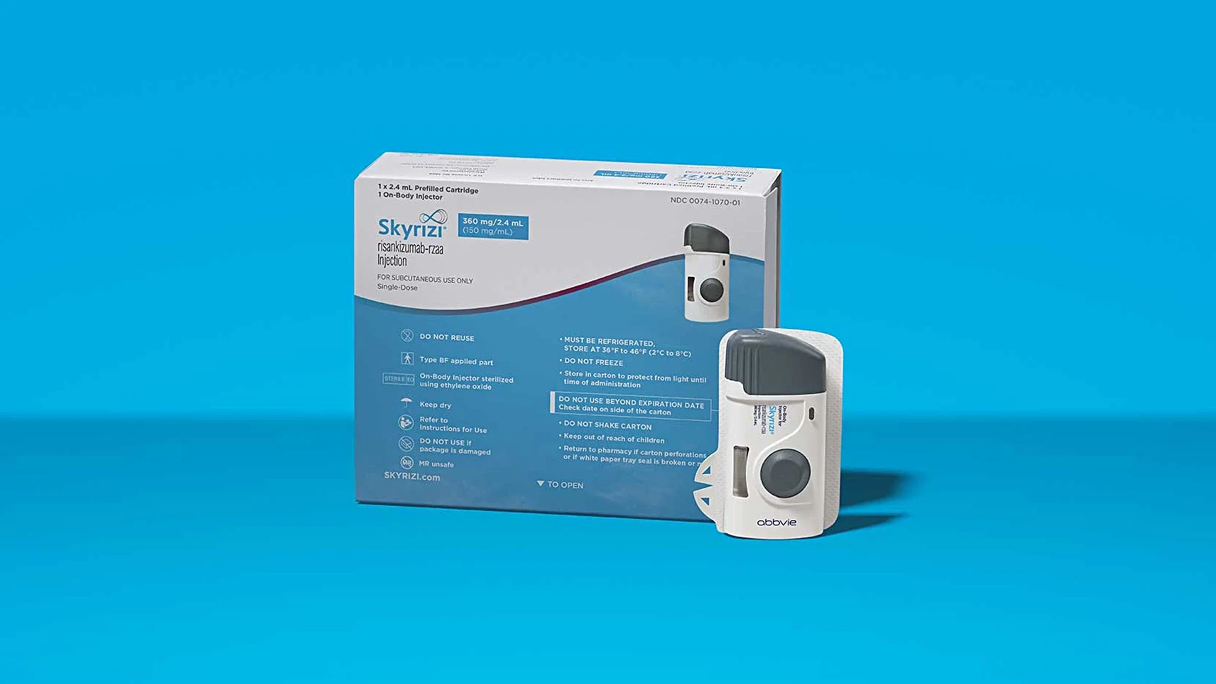 Skyrizi product shot on blue background.