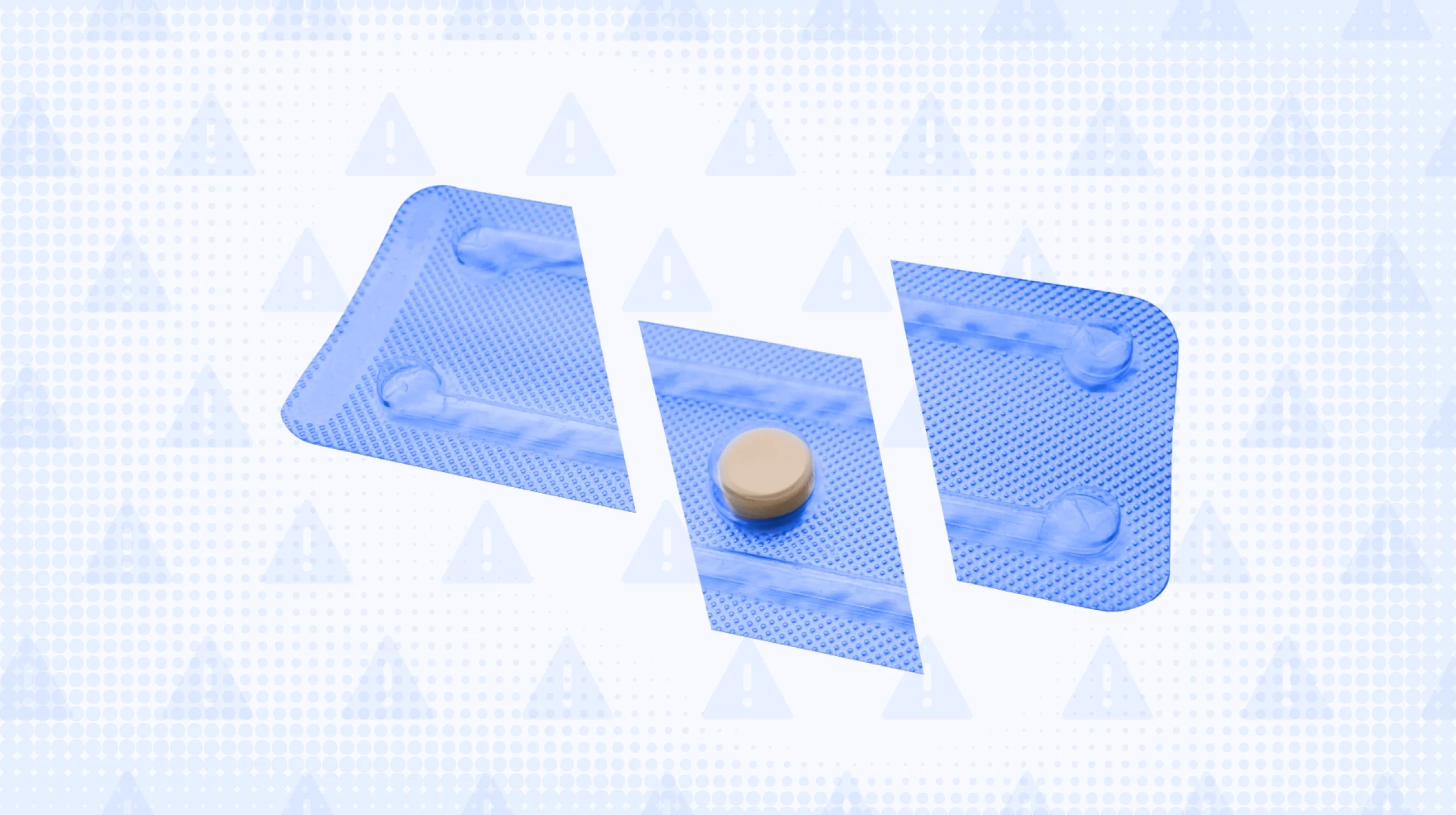 Light periwinkle background with a halftone texture and warning sign repeating pattern. In the center is a blue-periwinkle blister pack of a single white pill.