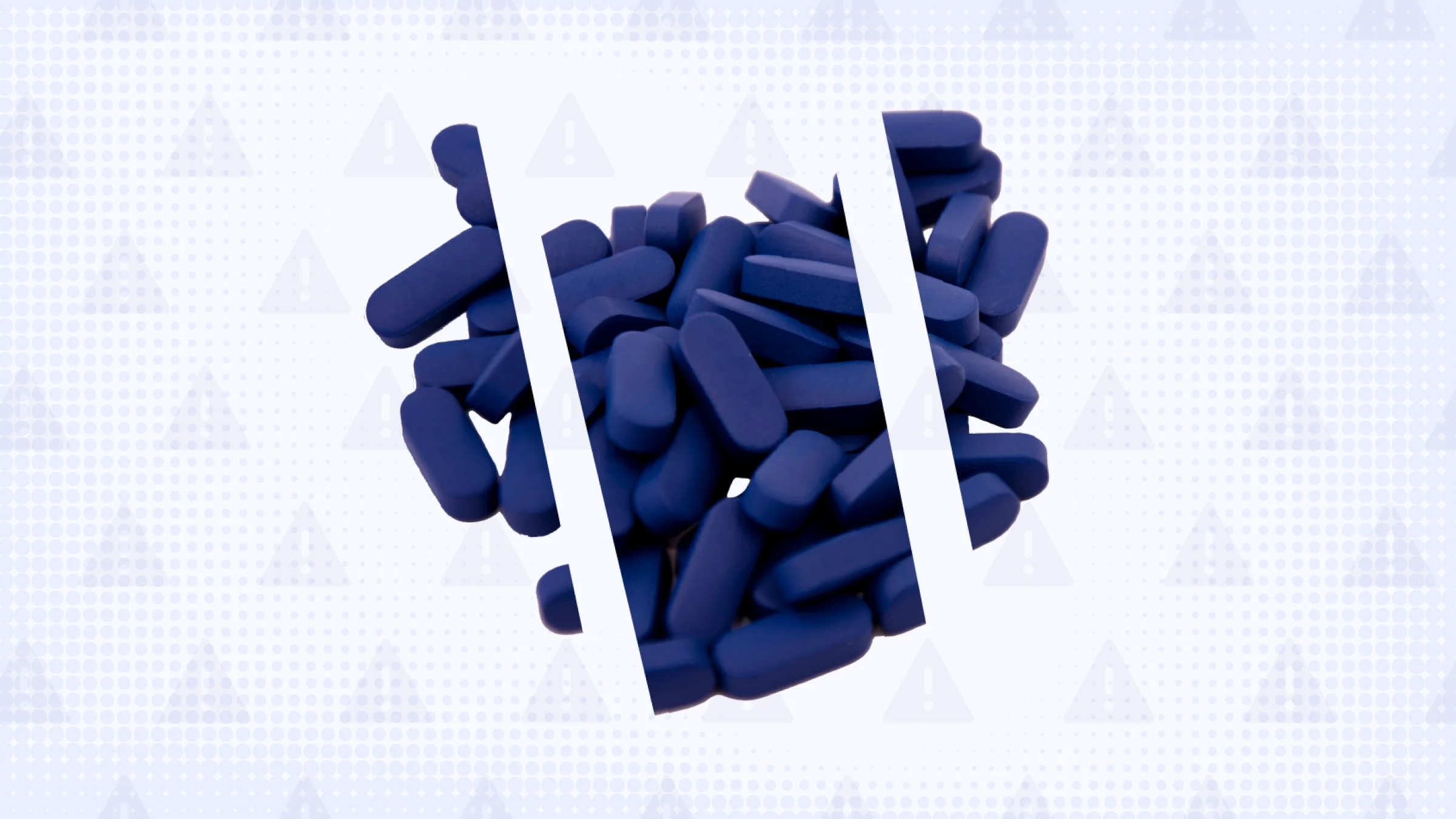 A custom graphic features a light-blue background with a warning sign pattern and a pile of dark-blue pills cut-up into three parts. 