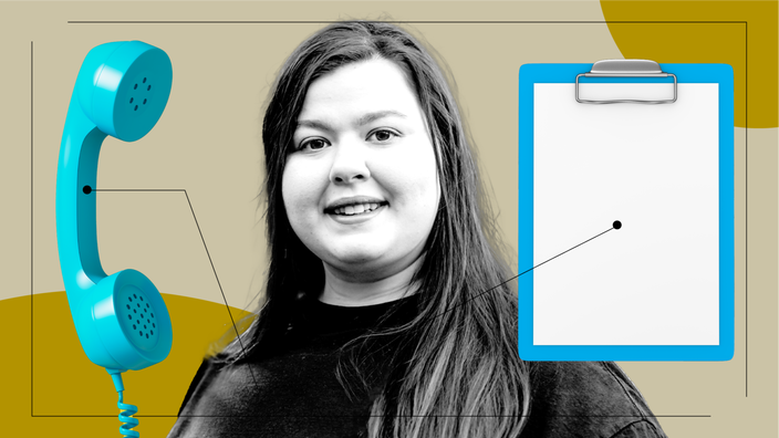 Custom graphic with a black-and-white photo of a woman smiling in the center. Off of her are diagram lines pointing to objects representing what it feels like to take Ozempic. On the left is a blue corded phone and on the right is a clipboard with a blank paper. 