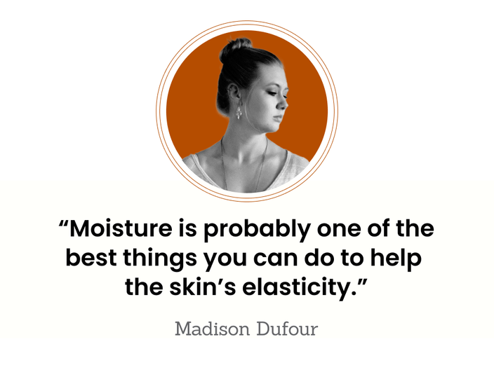 Madison Dufour is pictured in a selfie in her bathroom mirror documenting her pregnancy. , next to the quote:  “Moisture is probably one of the best things you can do to help the skin’s elasticity.” 