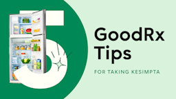 A green background with text reading “5 GoodRx Tips For Taking Kesimpta.” On the left, interwoven in the number 5, is an open fridge door.
GoodRx Health