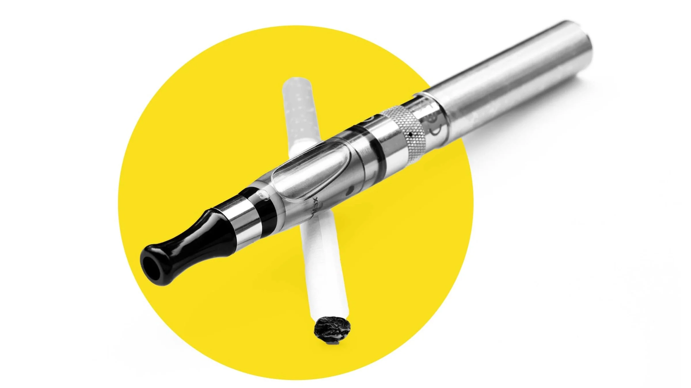 Black and white image of a cigarette with a vape resting on top of it on a white background. There is an added yellow graphic circle behind the items.