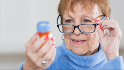 Senior woman reviewing her medication bottle. She is adjusting her glasses so she can see better.
kali9/iStock via Getty Images