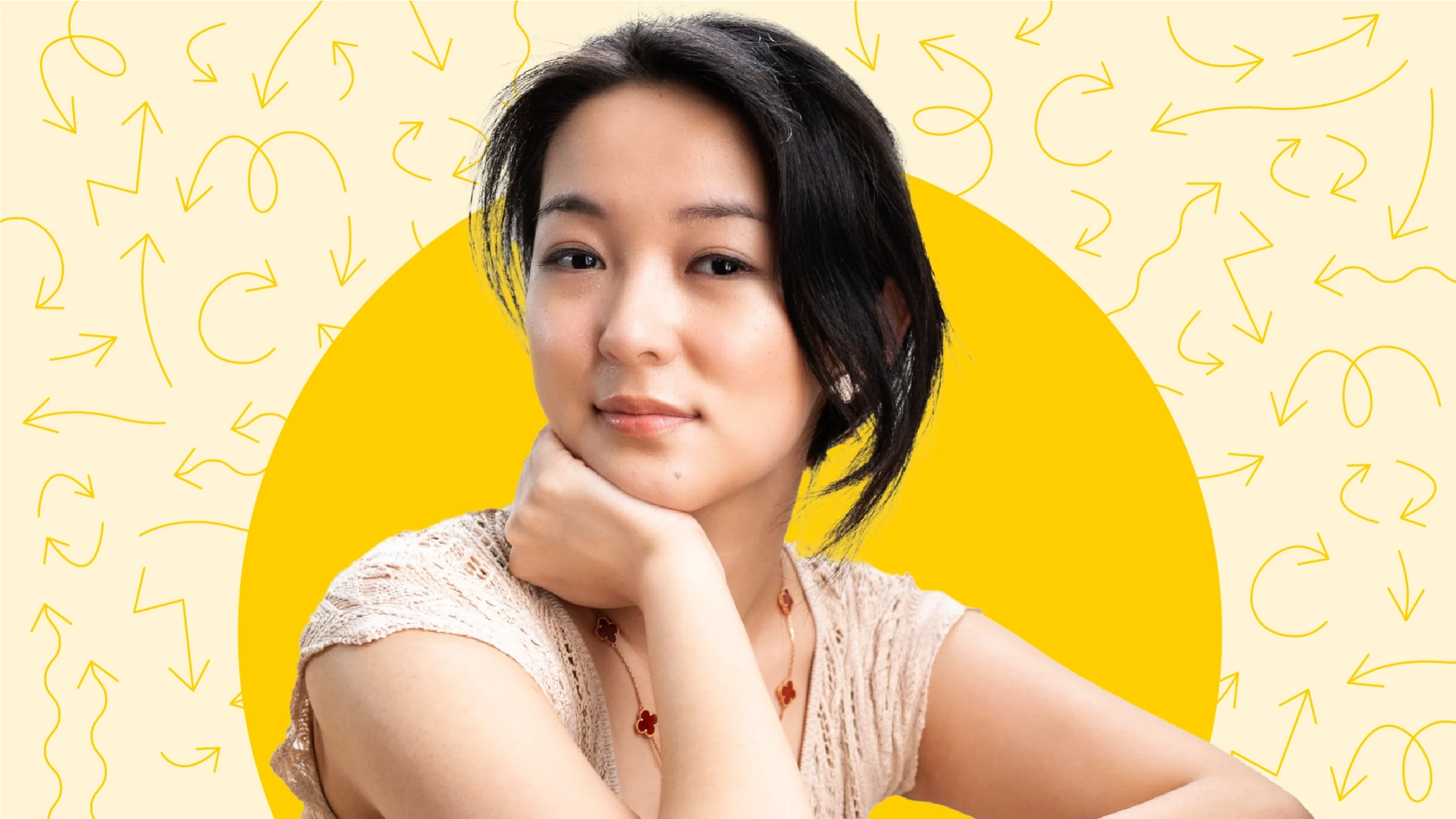Cutout photo of Sabrina Qiao on a background that is patterned with doodle arrows and haloed by a yellow circle.