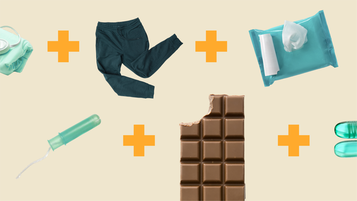 A custom graphic includes images of items you’d keep in a PMS survival kit, including a heating pad, sweat pants, chocolate, cleansing wipes, and more.
