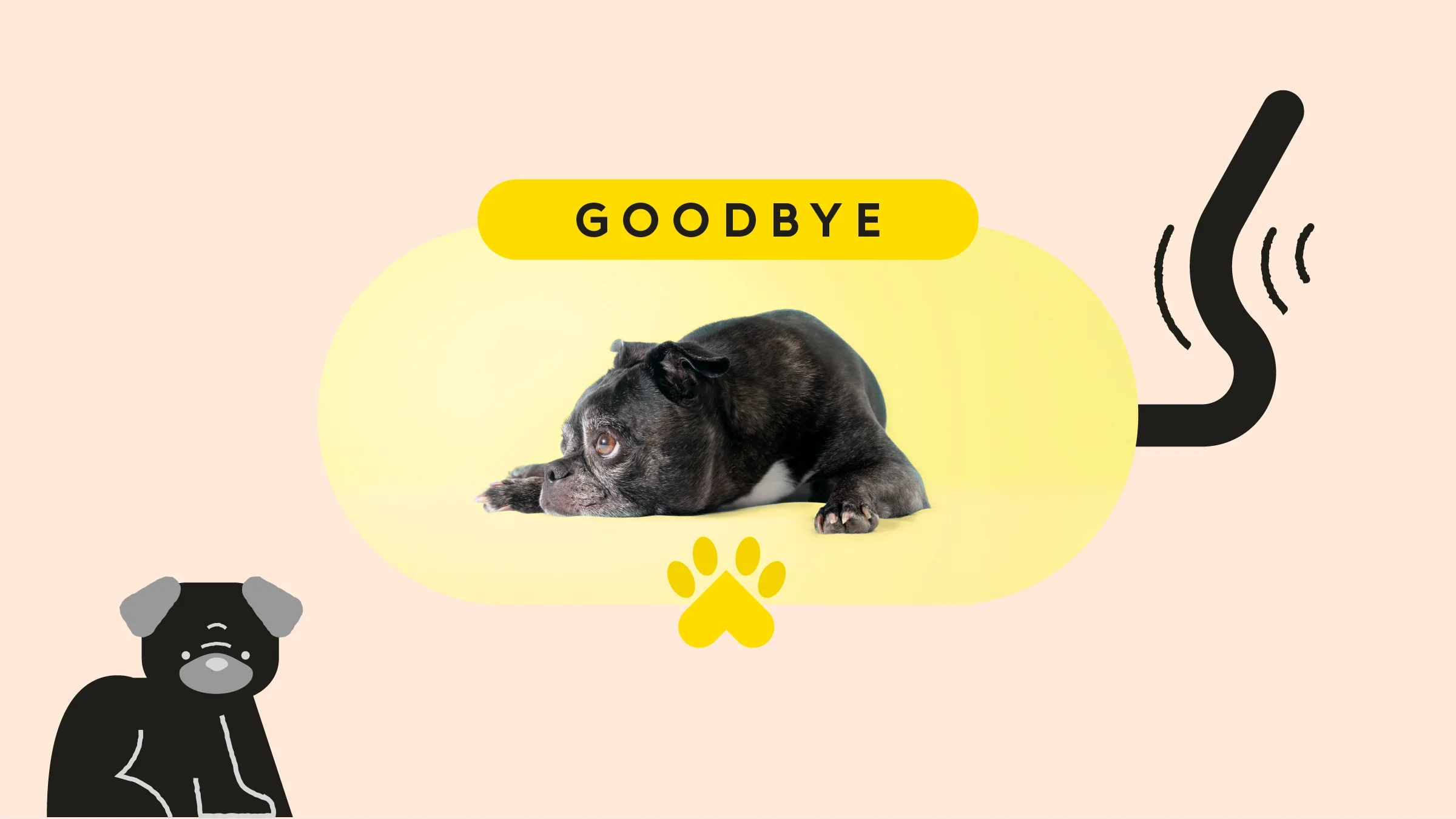 A custom graphic shows a picture of an older dog under text reading “Goodbye” and surrounded by dog-themed doodles.