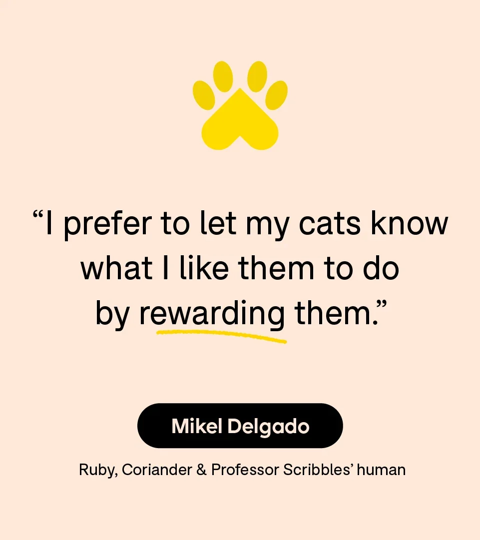 “I prefer to let my cats know what I like them to do by rewarding them.” — Mikel Delgado