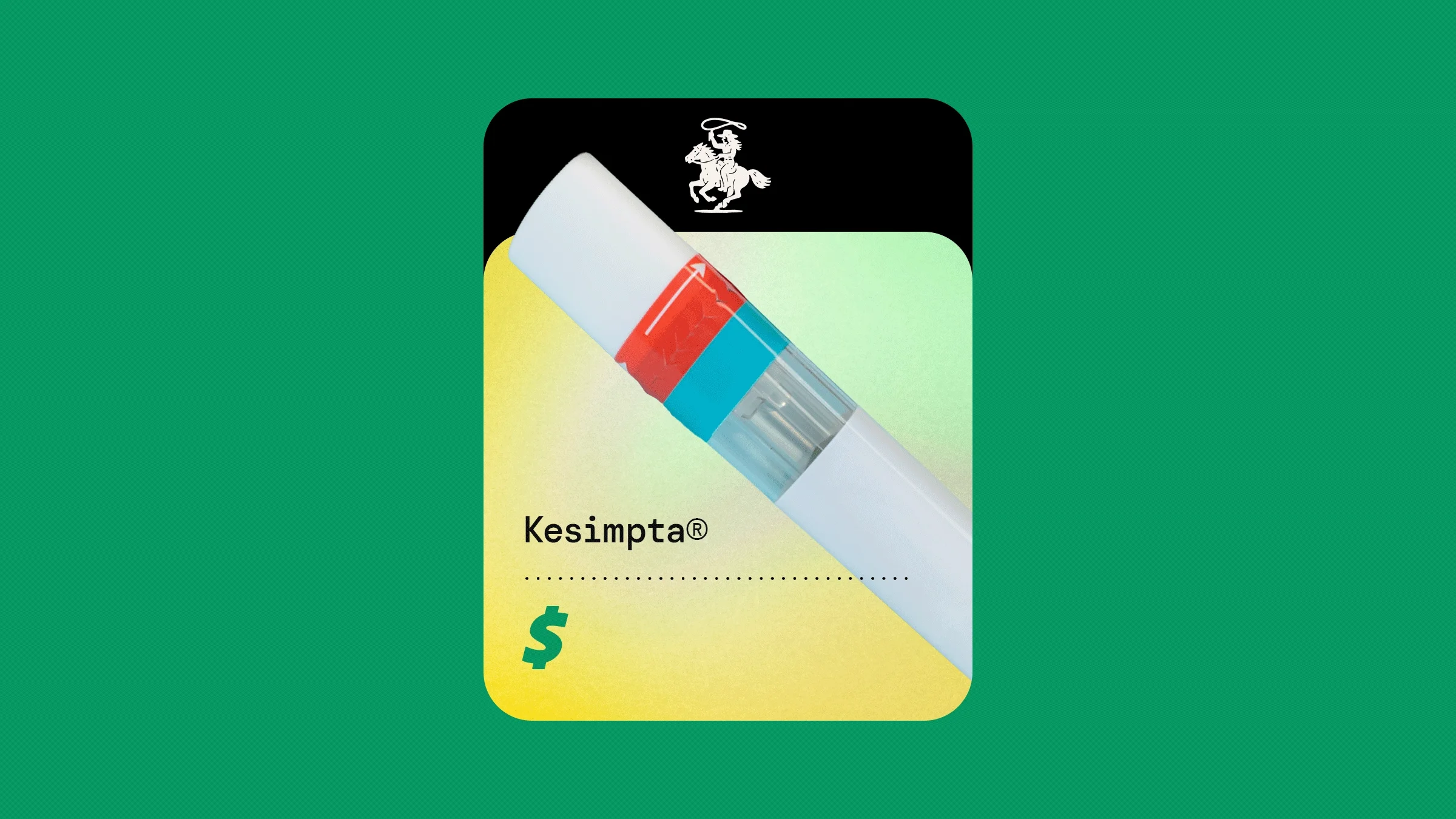 A Kesimpta injection pen is shown on a green and yellow background with a dollar sign.