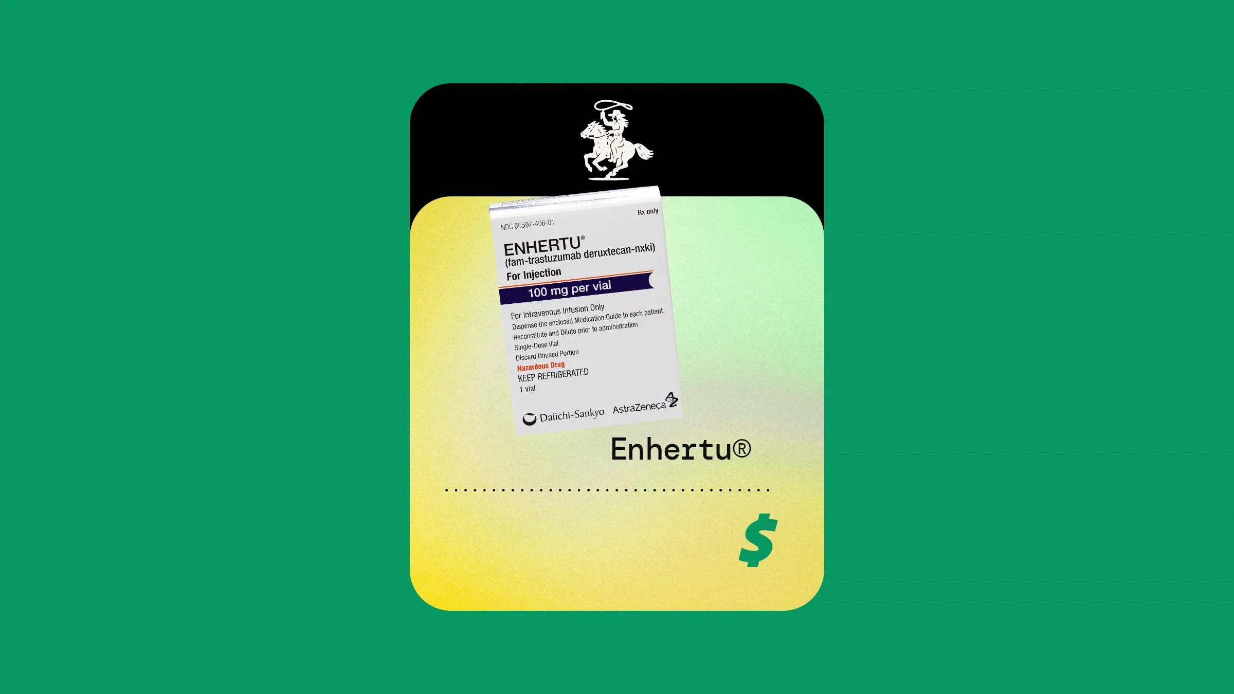 A graphic includes an image of Enhertu against a green and yellow background with a dollar sign below it.
GoodRx Health, Courtesy of Daiichi Sankyo/AstraZeneca