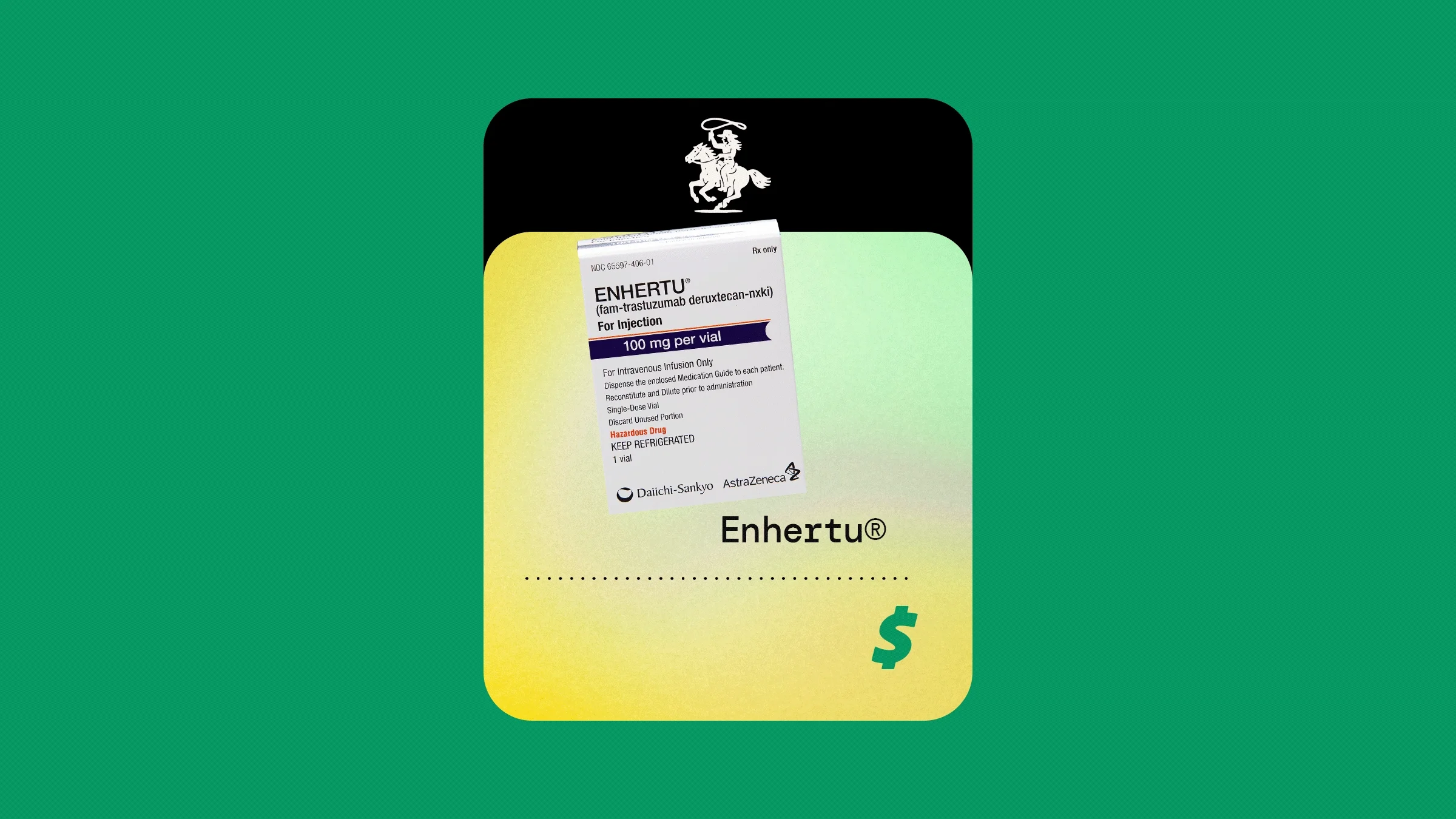 A graphic includes an image of Enhertu against a green and yellow background with a dollar sign below it.