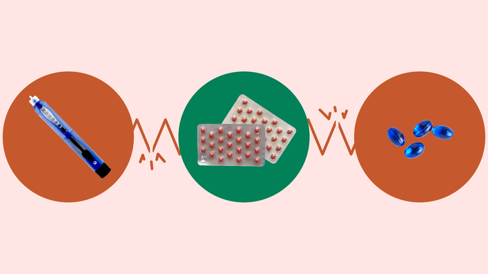 Custom graphic showcasing prednisone and the medications it interacts with. In the center is a green circle with blister packs of red pills. Off to the left is a blue insulin pen on a red circle. Off to the right are blue gel pills on a red circle. There is a broken zig zag line connecting all of them.