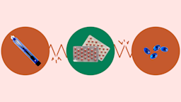 Custom graphic showcasing prednisone and the medications it interacts with. In the center is a green circle with blister packs of red pills. Off to the left is a blue insulin pen on a red circle. Off to the right are blue gel pills on a red circle. There is a broken zig zag line connecting all of them.
GoodRx Health