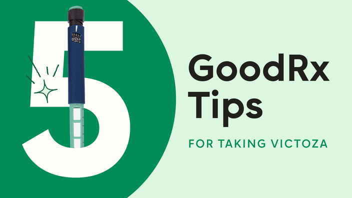 Light-green background with dark-green half circle on the left-hand side. The text reads “5 GoodRx Tips for Taking Victoza.” There is an insulin pen intertwined with the number five on the left-hand side.